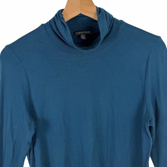 Eileen Fisher Long Tunic Top Size Small Dark Ocean Teal Jersey Knit Turtleneck - Picture 4 of 8